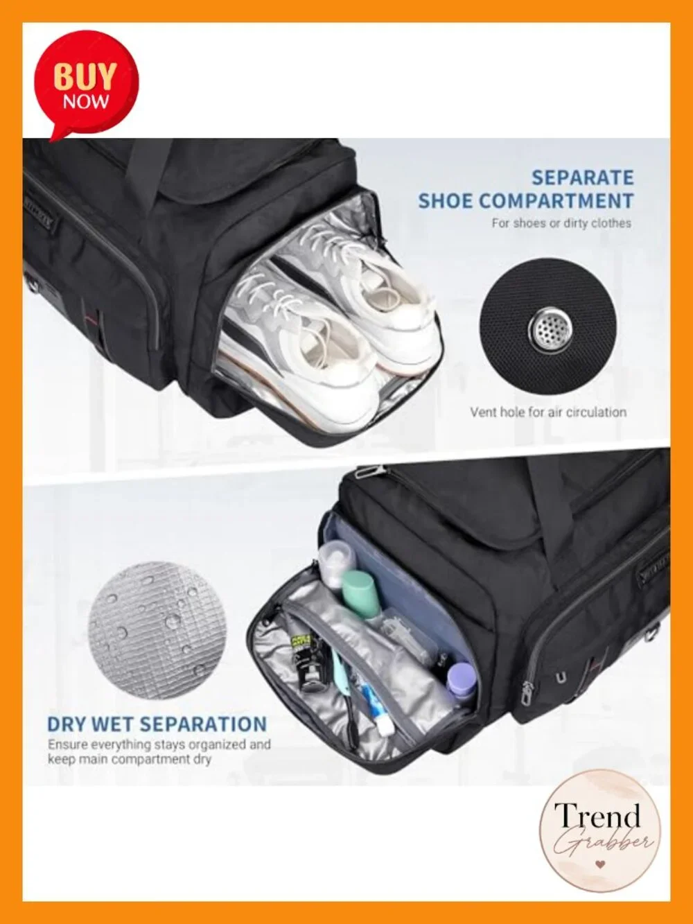 Large 49L Convertible Nylon Travel Duffle Bag with Shoe Compartment and Laptop